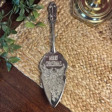 Vintage Engraved Silver Plated Pie Cake Server Merry Christmas Slicer Holiday