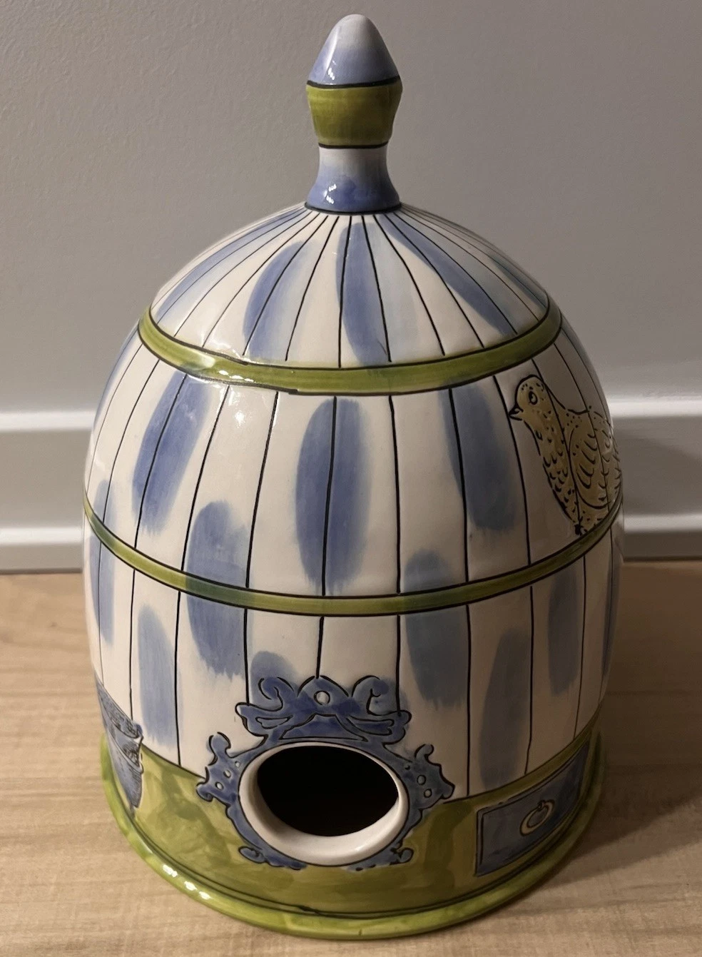 Molly Hatch Anthropologie Decorative Ceramic Birdhouse Bird Cage Blue Green RARE