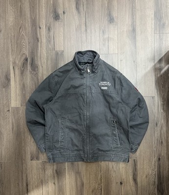 DRI Duck Jacket Mens Large Gray Canvas Quilt Lined Corduroy Collar Work Logo