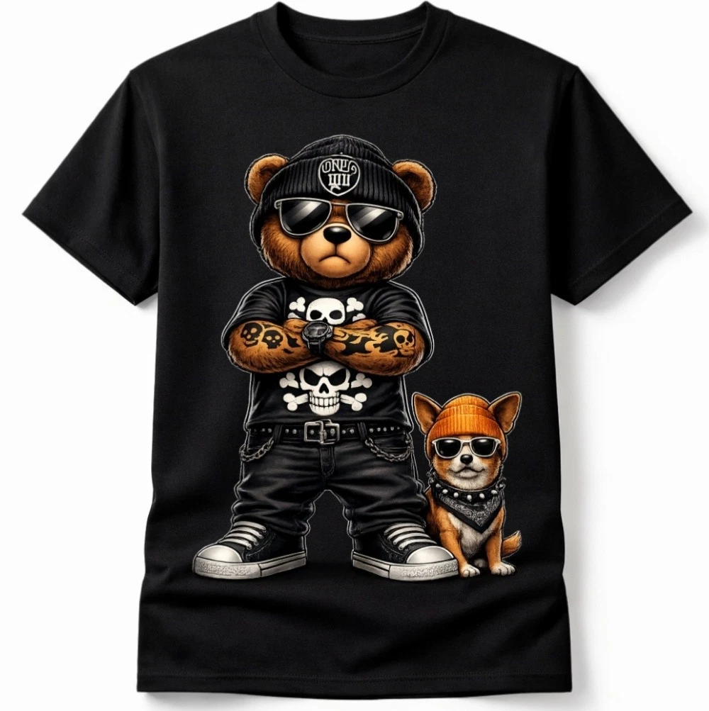 Bear Dog Graphic T Shirt Gangster Skull Streetwear Cartoon Tee Unisex