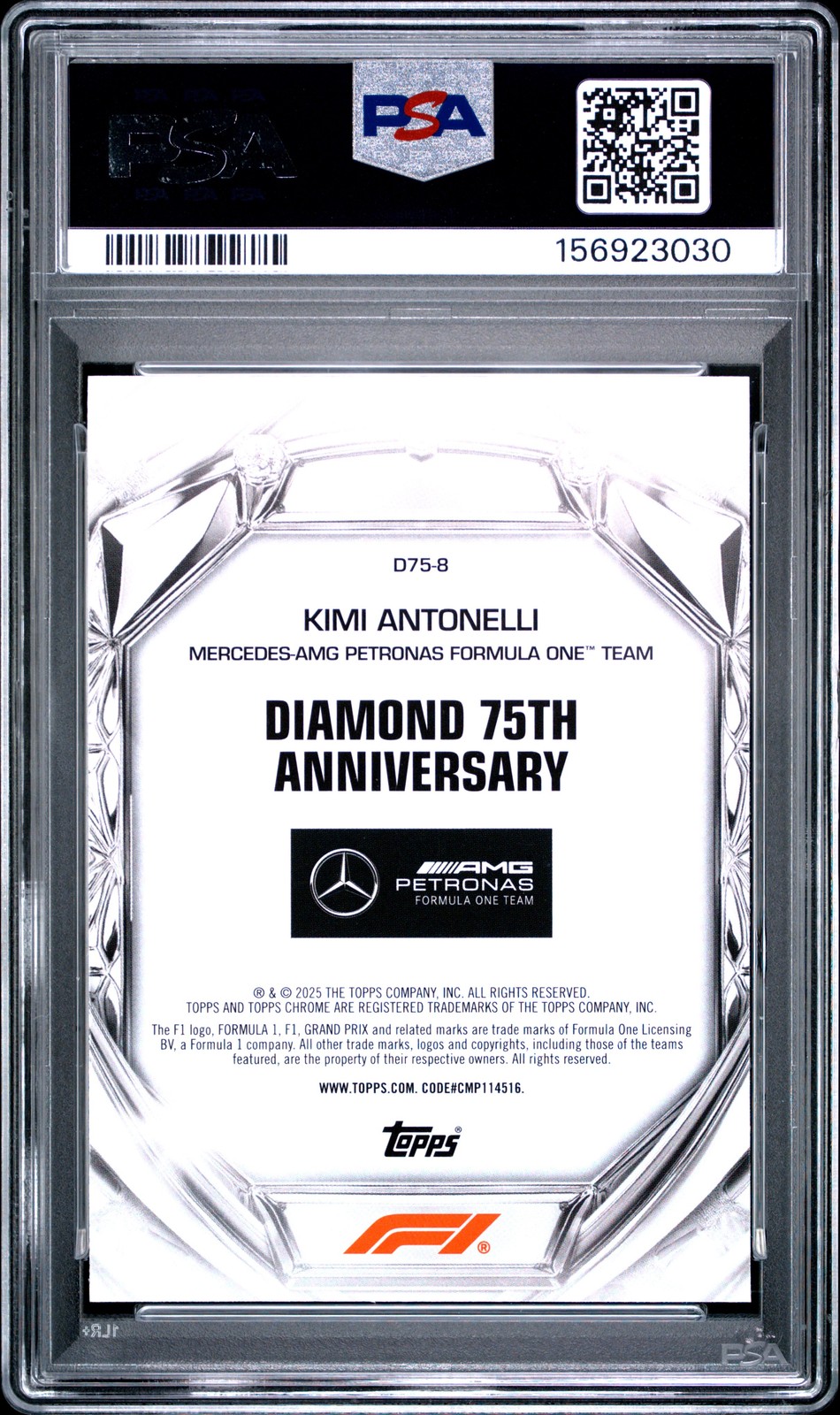 2025 TOPPS CHROME FORMULA 1 DIAMOND 75TH ANNIVERSARY KIMI ANTONELLI ROOKIE PSA 9 view 2