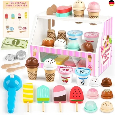 Dreamon Eisdiele Kinder Holz, 38 Stück Kinderküche Zubehör Montessori Sp