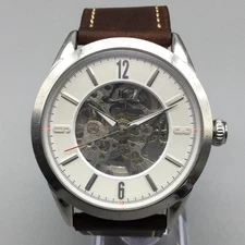 Lucien Piccard Automatic Skeleton Watch Men 45mm Silver Tone 10660A Leather Band