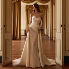 Strapless Wedding Dresses Sweetheart Satin Lace-up Back Floor Length Sweep Train