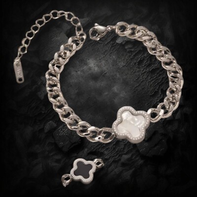Double Sided Silver  Luxury  Inspired 4 Leaf Clover Cuban Link Bracelet 