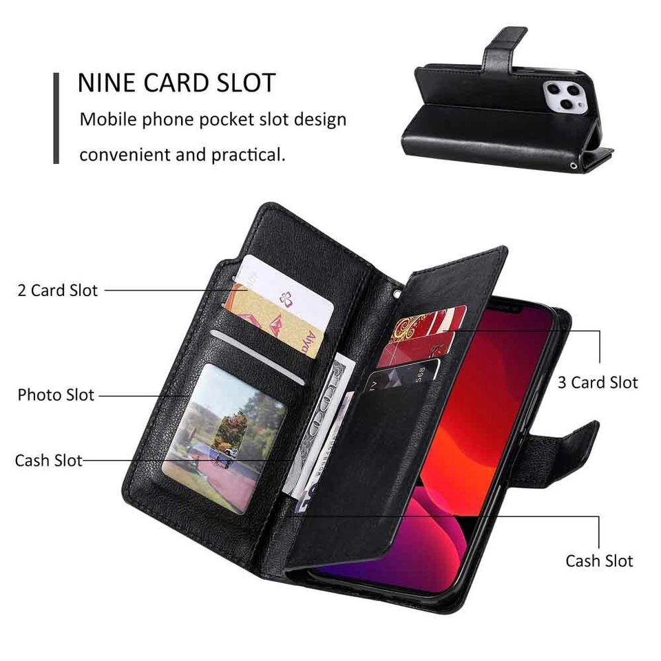For iPhone 12 Pro Max 11 XR SE 8 7 6s Wallet Card Holder Flip Leather Case Cover - Image 2 of 4