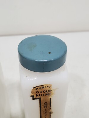 Vintage Set of 4 Griffith Lab Milk Glass Spice Jars Blue Lid 1940s