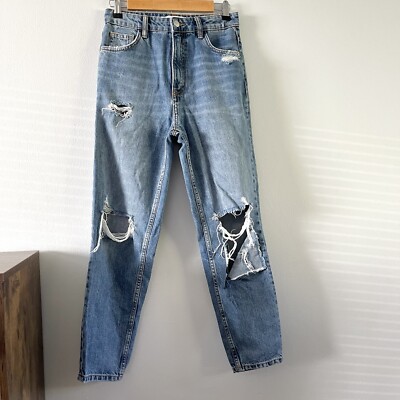 Zara Basic Distressed High Waisted High Rise Ripped Blue Jeans Medium Wash Sz 4