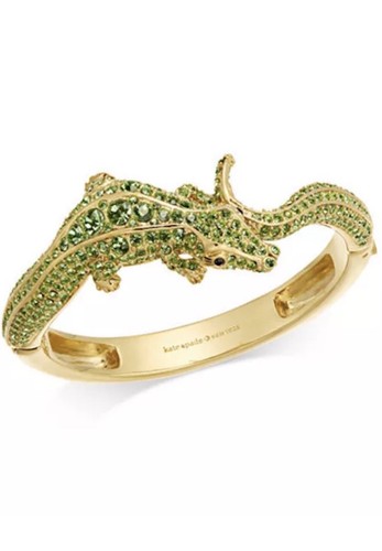 KATE SPADE 12K Gold-Tone Swamped Pavé Alligator Hinged Bangle Bracelet w/Dust Ba