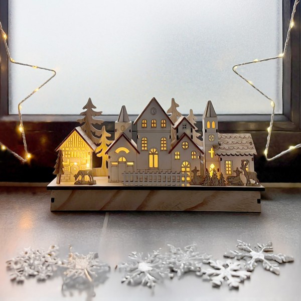 Led Holz Winter Stadt Warmweiß - 30X14 Cm - Weihnachts Szene Tisch Deko Batterie-image