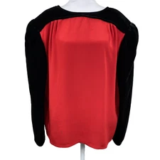 Vtg Valentino Night 12 Red Black Silk Velvet Long Sleeve Button Tie Back Blouse