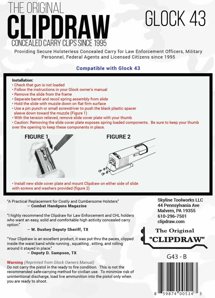 Clipdraw Belt Clip for Glock 43 43X & 48 9mm IWB Black Ambidextrous Clip Holster - Image 2 of 4