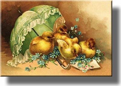 Easter Chicks under Umbrella Picture on Stretched Canvas, Wall Art Décor, Ready 