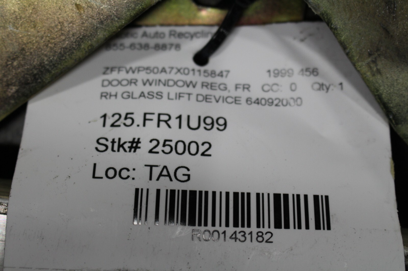 Ferrari 456, RH, Right, Front Door Window Regulator, Used, P/N 64092000