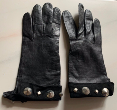 Roeck ladies leather gloves vintage black pure silk inside size 7 with studs