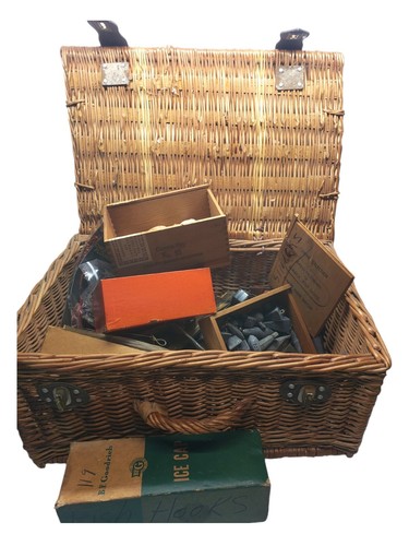 Fishing Gear Lot In a Woven Wicker Basket Vintage Estate