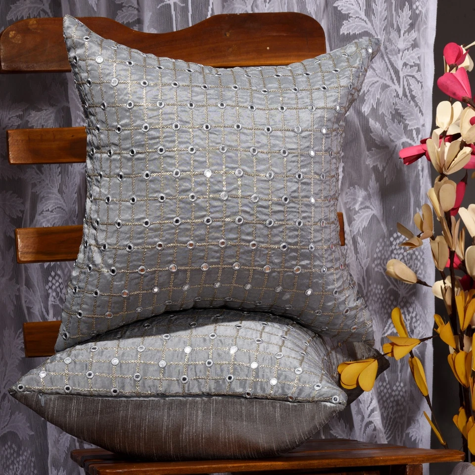 silver pillow covers for sofa designer throw pillow embroidered pillow cover 2pc - Image 3 of 4