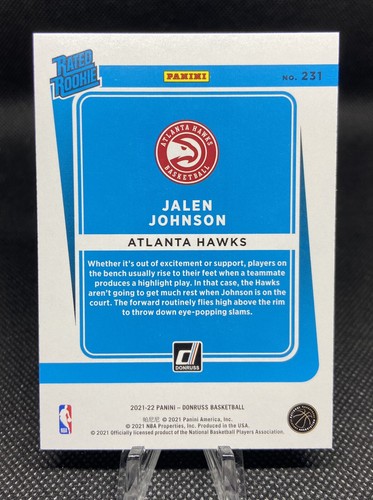 Jalen Johnson #231 RATED ROOKIE 2021-22 Panini Donruss Basketball Card Hawks RC - Afbeelding 2 van 2