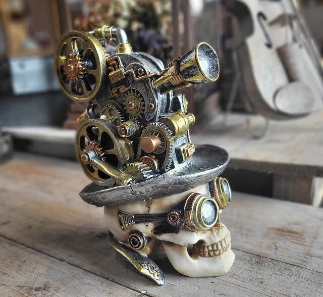 Statua teschio steampunk oro argento antico gotico stile steampunk nuovo - Immagine 3 di 4