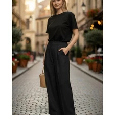 COS 12 NWT High Rise Wide Leg Pleated Linen Bl. Pants Neutral Solid Black Preppy