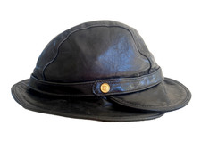 ERIC JAVITS Distressed Leather Bucket Hat Cloche w/Pin Gold Logo - Black RARE