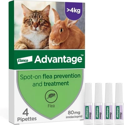 ADVANTAGE Spot On Flea Treatment for Large Cats and Rabbits Over 4kg - 4 Pipettes, 80mg