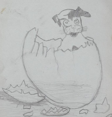 Dog Hatching From Egg Folk Humor Drawing c. 1920 Original Album Art Sketch