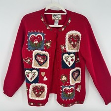 Vintage Heirloom Cardigan Red Hearts Patchwork Sweater Embroidered Size M