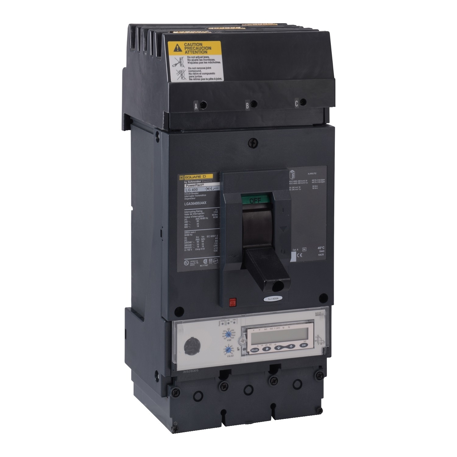 Schneider LGA36400U44X - Circuit breaker, 400A, 3 pole, 600V, I-Line, MLG 6.3A