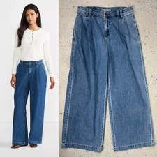 Lands' End High Rise Soft Indigo Blue Denim Trousers Pleated Wide Leg Jeans 12