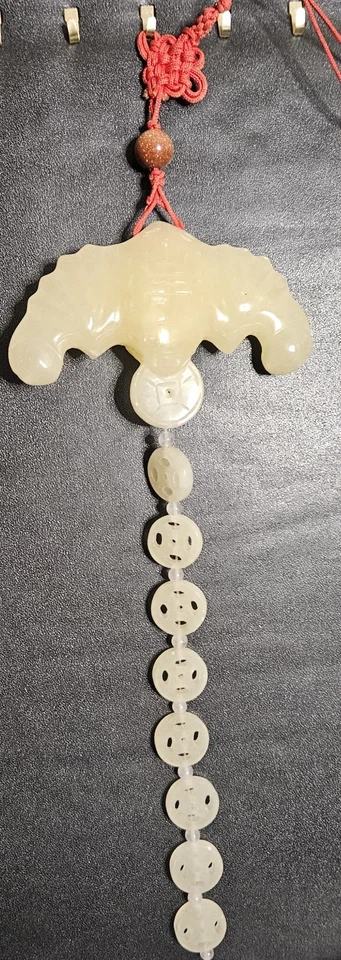 Murciélago de Jade Amarillo con 9 Monedas Feng Shui Símbolo de Riqueza Prosperidad Colgante Chino Foto 2 de 2