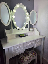 White Dressing Table with Oval Tri-Fold Mirror, Lights, Stool, 7 Drawers