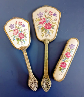 Vintage Embroidered Dressing Table Set Hand Mirror & 2 Nylon Brushes Made in Eng