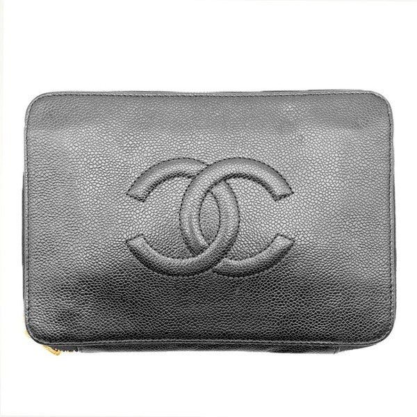CHANEL Coco Mark Pouch Caviar Skin Black Clutch Bag Gold Hardware Pre-owned Auth