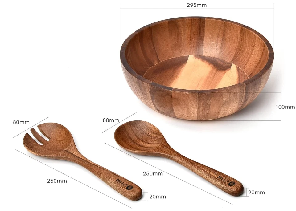 Juego de cuenco para ensalada 12'' en acacia, чаша grande con servidores, 3 пьеза - Изображение 3 из 4