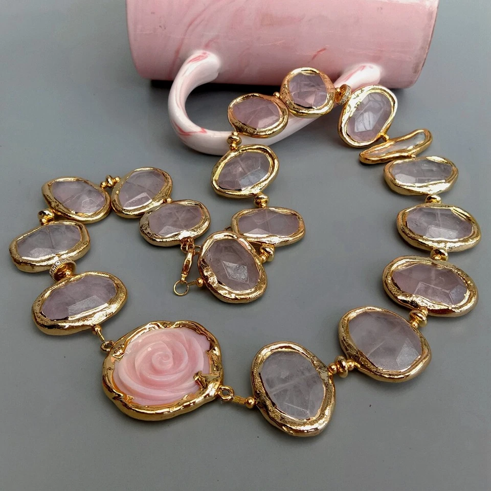 Natural Rose Quartz Faceted Pink Sea Shell Flower White Biwa Pearl Necklace - Image 4 of 4