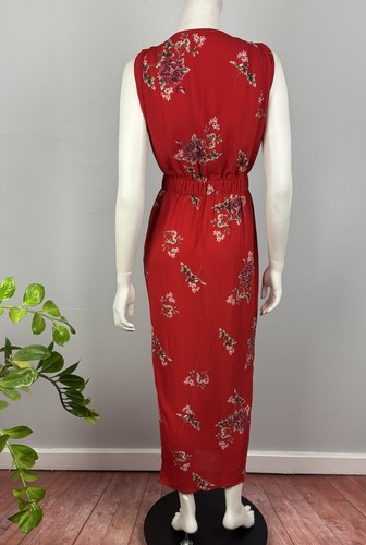 Florence Size 14 Maxi Dress Front Zip Red Floral Pleated Pockets V Neck Women - Bild 8 von 13