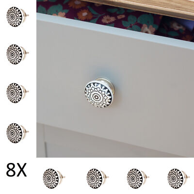 8 X Möbelknöpfe Set Griffe Schwarz Weiß Keramik Knöpfe Knäufe Knober Ornament 