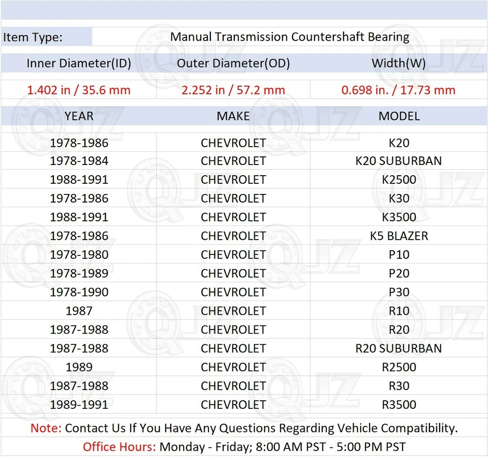 [DELANTERO (cantidad 1)] Nuevo cojinete de contraeje de transmisión manual para Chevrolet P20 1978-1989 Foto 2 de 4