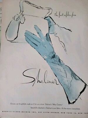 1947 blue Shalimar finest in fabric gloves May Queen style vintage ad 
