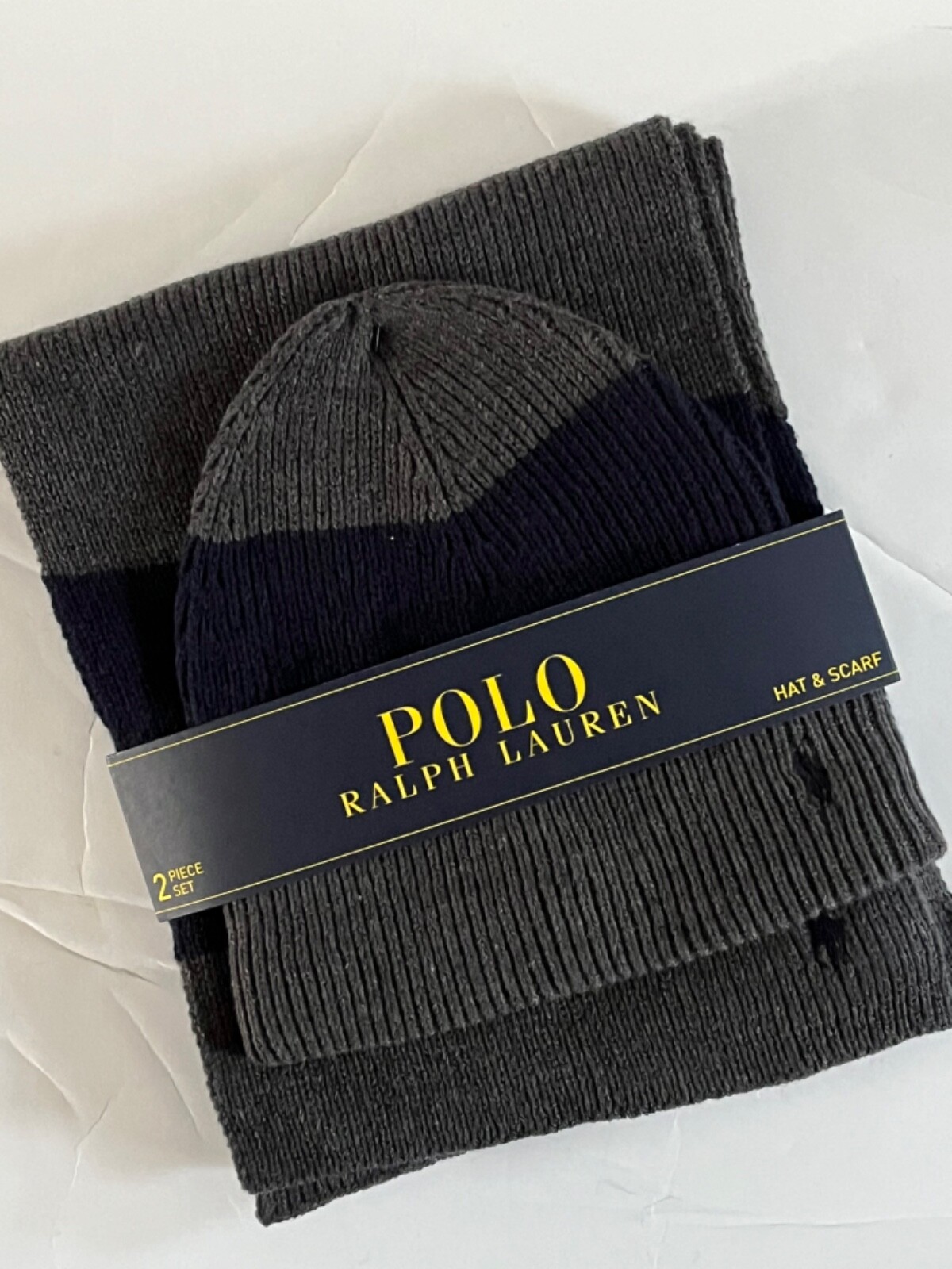 PONY NUOVA polo Ralph Lauren da uomo berretto e sciarpa set a costine grigio e blu taglia unica