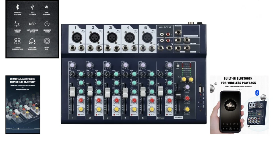 7-Kanal Audio Mixer USB Stereo Equalizer für DJ, Karaoke, Aufnahmen - Bild 2 von 4