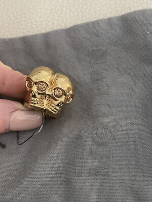 Authentic ALEXANDER MCQUEEN Twin Double Skull Gold Head Ring 13 UK