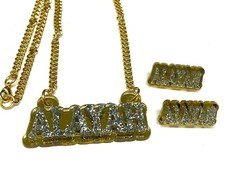 Matching Necklace and Post Stud Earrings Name Plate Custom Personalized Gold Set