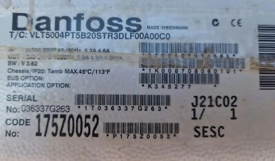 DANFOSS VLT5004, VLT5004PT5B20STR3DLF00A00C0, 175Z0052 Frequency Inverter NEW