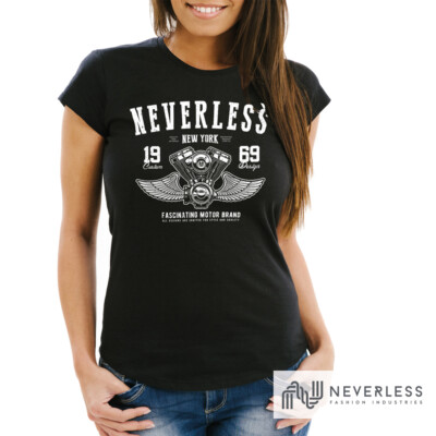 Ladies Biker Motorcycle Engine Block Engine Wings Slim Fit Neverless  T-Shirt