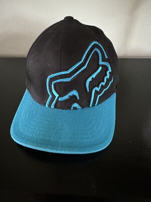 Fox Black Racing Hat With Turquoise Fox M-Flexfit-L/XL