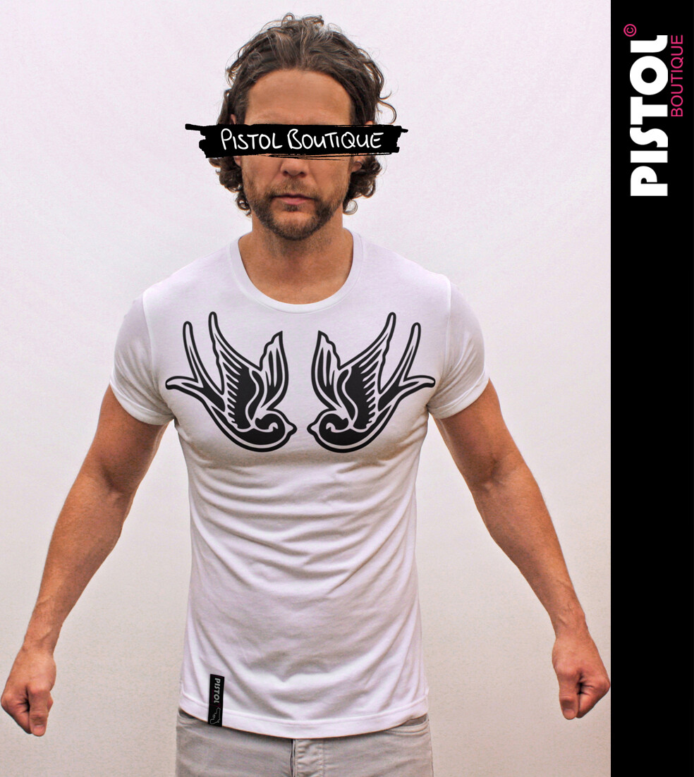 Pistol Boutique Hombre Manga Enrollada Blanco Redondo Pecho Tatuaje Golondrinas