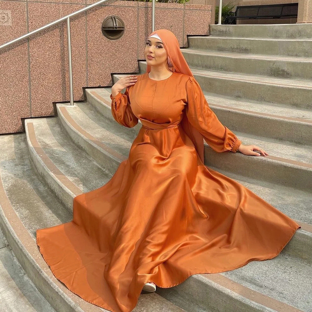 orange dress hijab Eid Mubarak Satin Abayas Women Muslim Maxi Dress Islamic Clothing Dubai