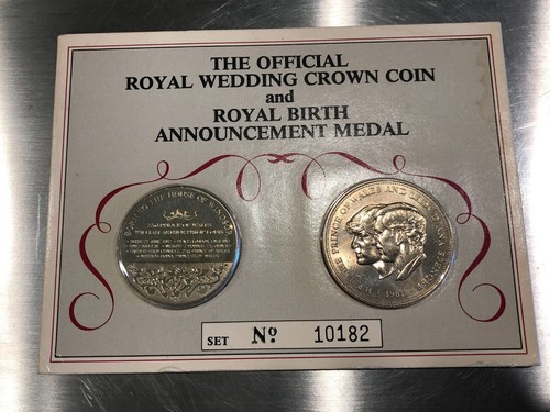 OFFICIAL 1981 ROYAL WEDDING CROWN COIN AND 1982 ROYAL BIRTH ANNOUNCEMENT MEDAL